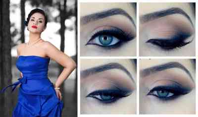 Макияж под тёмно синее платье для карих глаз